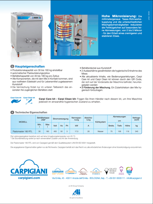 Carpigiani Pastomaster 180 RTL: il pastorizzatore ad alte prestazioni per grandi laboratori di gelateria