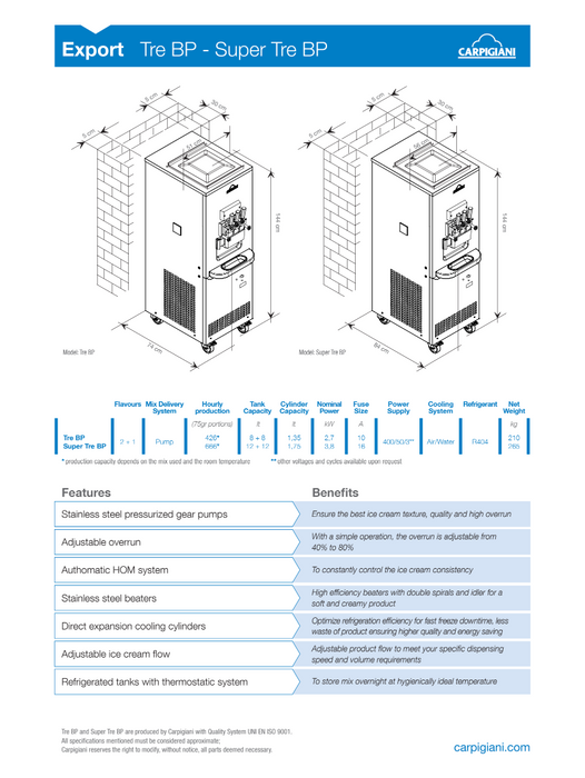 Carpigiani Super TRE BP Export: Professional countertop machine for soft-serve ice cream and frozen yogurt