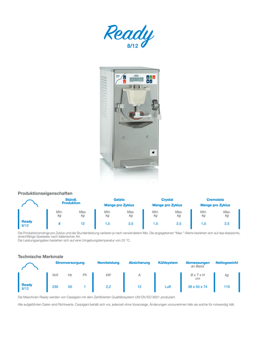 Carpigiani Ready 8/12: Robuste Profi - Eismaschine für perfektes Eis - krae - shop.com